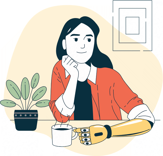 Woman with prosthetic arm looking happy with a cup of coffee