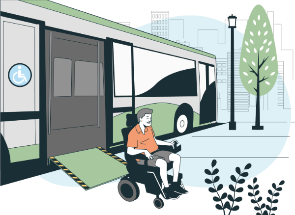 Person on mobility scooter getting off bus
