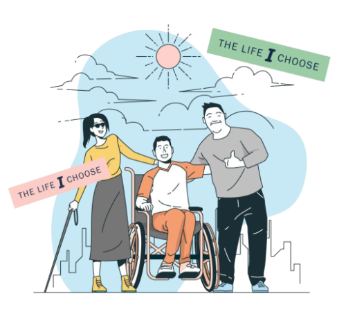 Illustration of three people smiling with tagline "The life I choose"