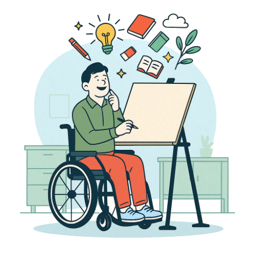 Person in a wheelchair, creating at work